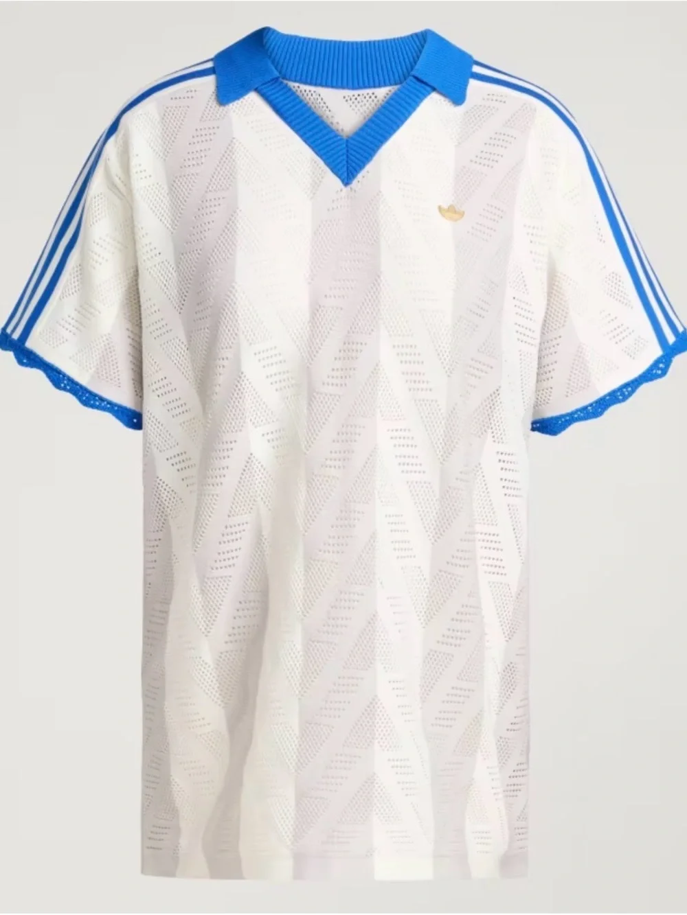 adidas White Grey Striped Knit Polo Jersey Top with Blue Rib Trim